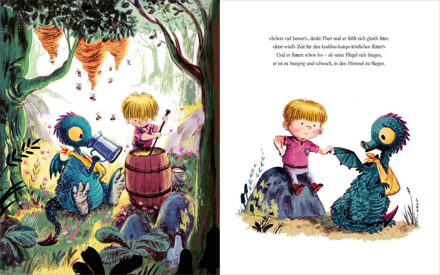 Gezeigt wird eine Innen- oder Zusatzansicht von „Ritter und Drachen haben gut lachen“. Auf der linken Seite ist eine farbenfrohe Szenerie mit einem Kind und einem Drachen, die an einem Baum stehen. Bienen und Honigtöpfe sind sichtbar. Die rechte Seite zeigt das Kind, das einem grünen Drachen mit buntem Gefieder eine Hand reicht. Die Typografie ist verspielt und klar, mit farbenfrohen Illustrationen, die Freude und Abenteuerlust ausstrahlen.