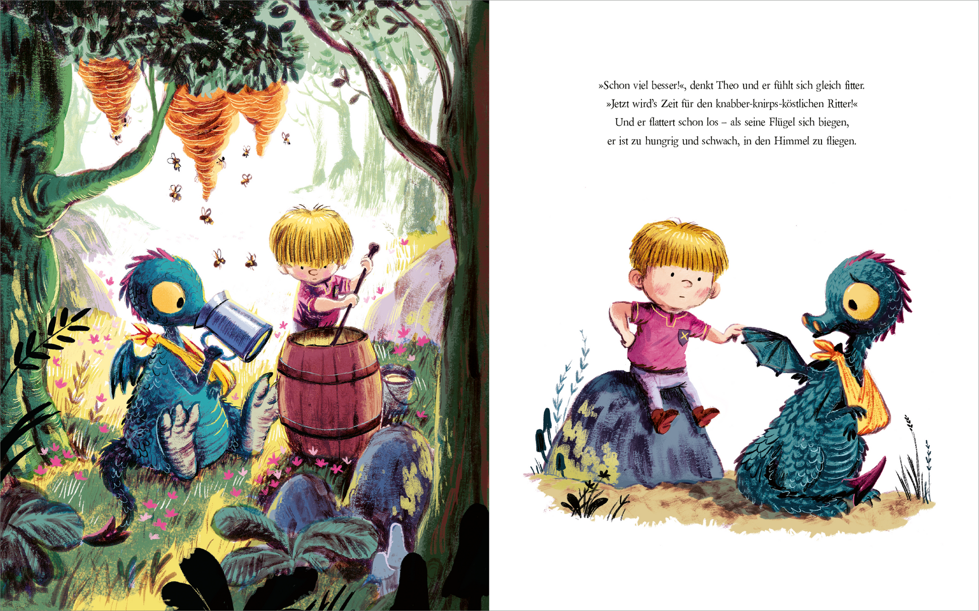 Gezeigt wird eine Innen- oder Zusatzansicht von „Ritter und Drachen haben gut lachen“. Auf der linken Seite ist eine farbenfrohe Szenerie mit einem Kind und einem Drachen, die an einem Baum stehen. Bienen und Honigtöpfe sind sichtbar. Die rechte Seite zeigt das Kind, das einem grünen Drachen mit buntem Gefieder eine Hand reicht. Die Typografie ist verspielt und klar, mit farbenfrohen Illustrationen, die Freude und Abenteuerlust ausstrahlen.