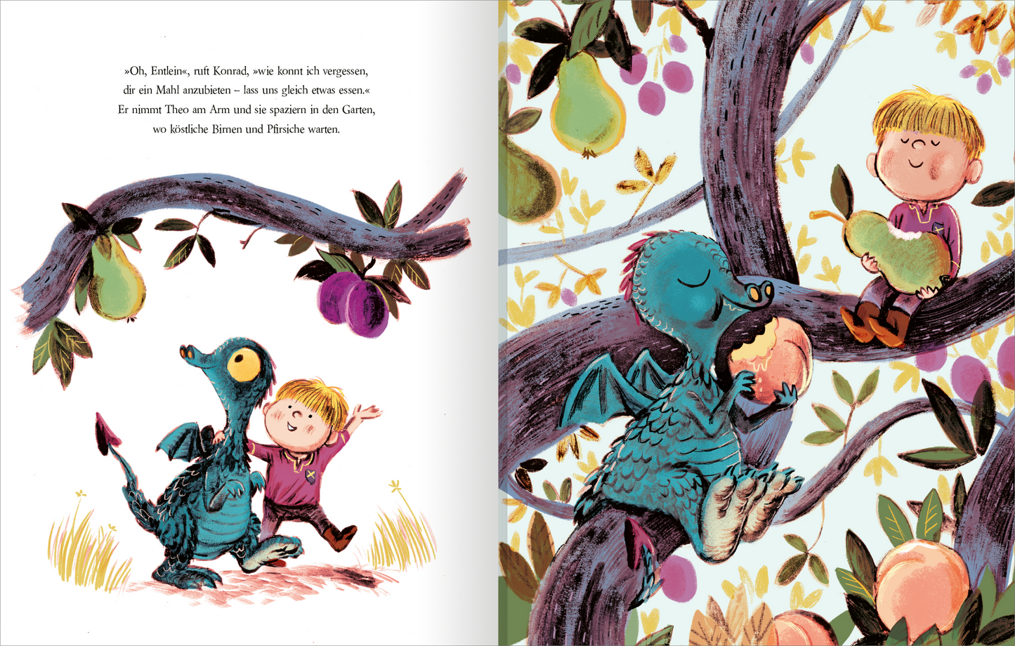 Gezeigt wird eine Innen- oder Zusatzansicht von „Ritter und Drachen haben gut lachen“. Auf der Doppelseite sind ein fröhlicher Junge in pinkem Oberteil und ein fantasievoller Drache in lebhaftem Blau zu sehen. Sie interagieren in einem bunten Obstgarten mit reifen Früchten. Die Illustrationen sind in sanften Pastellfarben gehalten, während der Text in klarer, moderner Schriftart auf weißem Hintergrund erscheint, um die Lesbarkeit zu fördern.