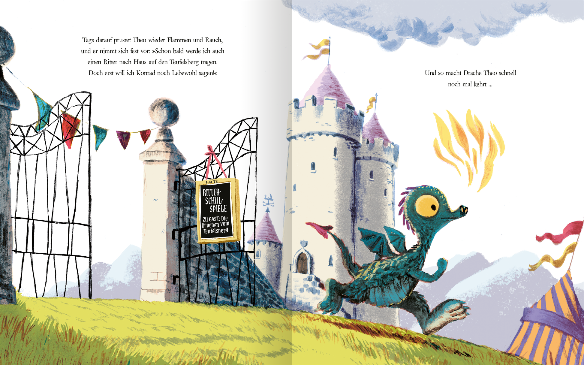 Gezeigt wird eine Innen- oder Zusatzansicht von „Ritter und Drachen haben gut lachen“. Die Illustration zeigt ein farbenfrohes, fantasievolles Schloss mit Türmen und Wimpeln. Auf der linken Seite steht ein einladendes Schild mit der Aufschrift „Ritter-Schatzspiele“. Rechts erkundet ein kleiner, grüner Drache mit großen Augen und bunten Flügeln die Umgebung, während leuchtende Flammen aus seinem Maul aufsteigen. Die sanften, geschwungenen Linien und lebhaften Farben verleihen dem...