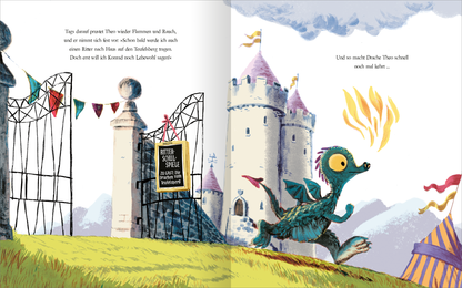Gezeigt wird eine Innen- oder Zusatzansicht von „Ritter und Drachen haben gut lachen“. Die Illustration zeigt ein farbenfrohes, fantasievolles Schloss mit Türmen und Wimpeln. Auf der linken Seite steht ein einladendes Schild mit der Aufschrift „Ritter-Schatzspiele“. Rechts erkundet ein kleiner, grüner Drache mit großen Augen und bunten Flügeln die Umgebung, während leuchtende Flammen aus seinem Maul aufsteigen. Die sanften, geschwungenen Linien und lebhaften Farben verleihen dem...
