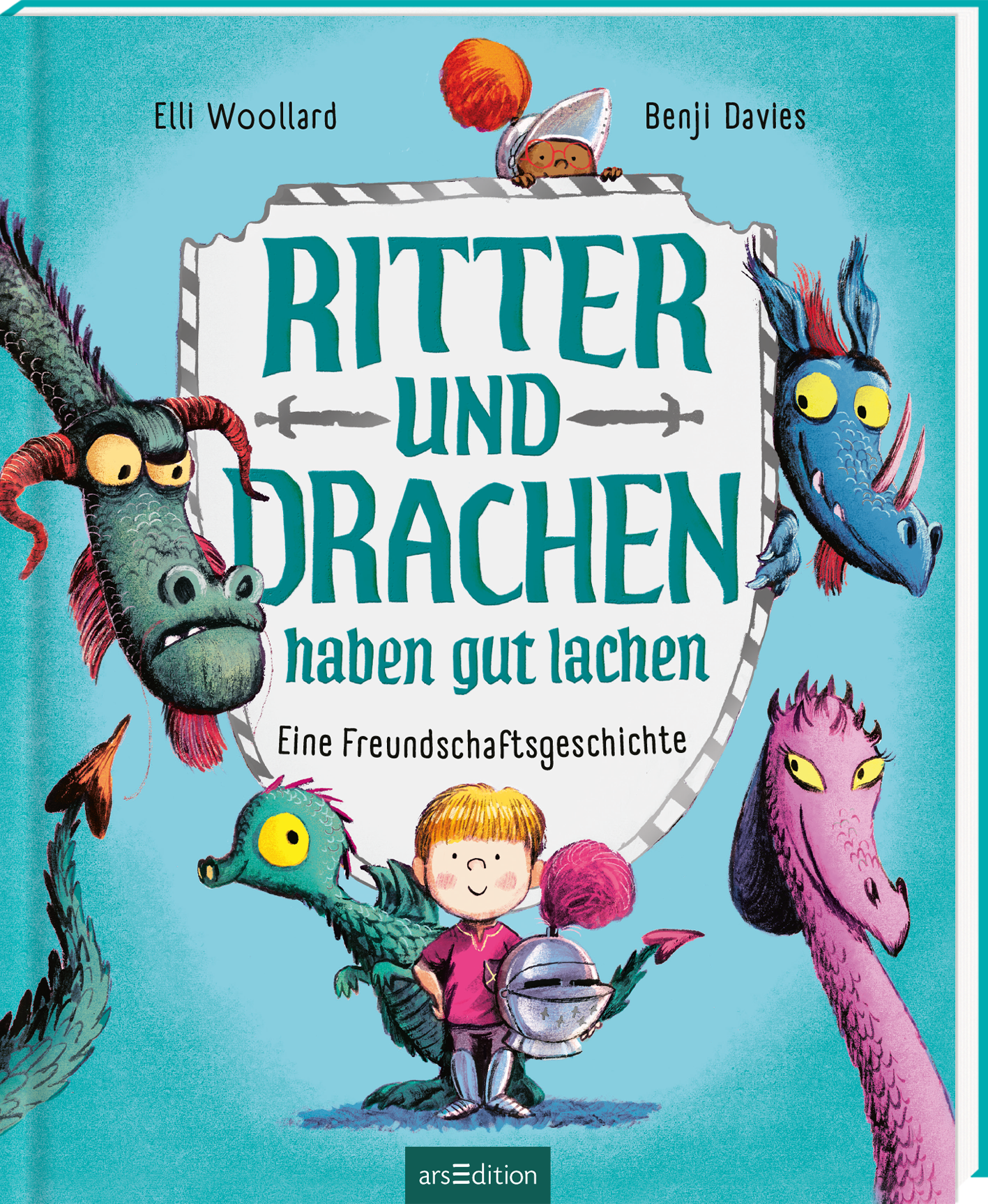 Das Buchcover zeigt einen hellblauen Hintergrund, auf dem der Titel „RITTER UND DRACHEN haben gut lachen“ in großen, verspielten Buchstaben in Weiß und Türkis hervorgehoben ist. Darunter steht „Eine Freundschaftsgeschichte“ in kleinerer Schrift. Im Vordergrund steht ein fröhliches Kind mit einem Helm, umgeben von farbenfrohen, cartoonhaften Drachen mit freundlichen Gesichtern. Oben ist ein runder, orangefarbener Knopf mit dem Text „SPIEGEL-Bestseller“ zu sehen. Ganz unten mittig...
