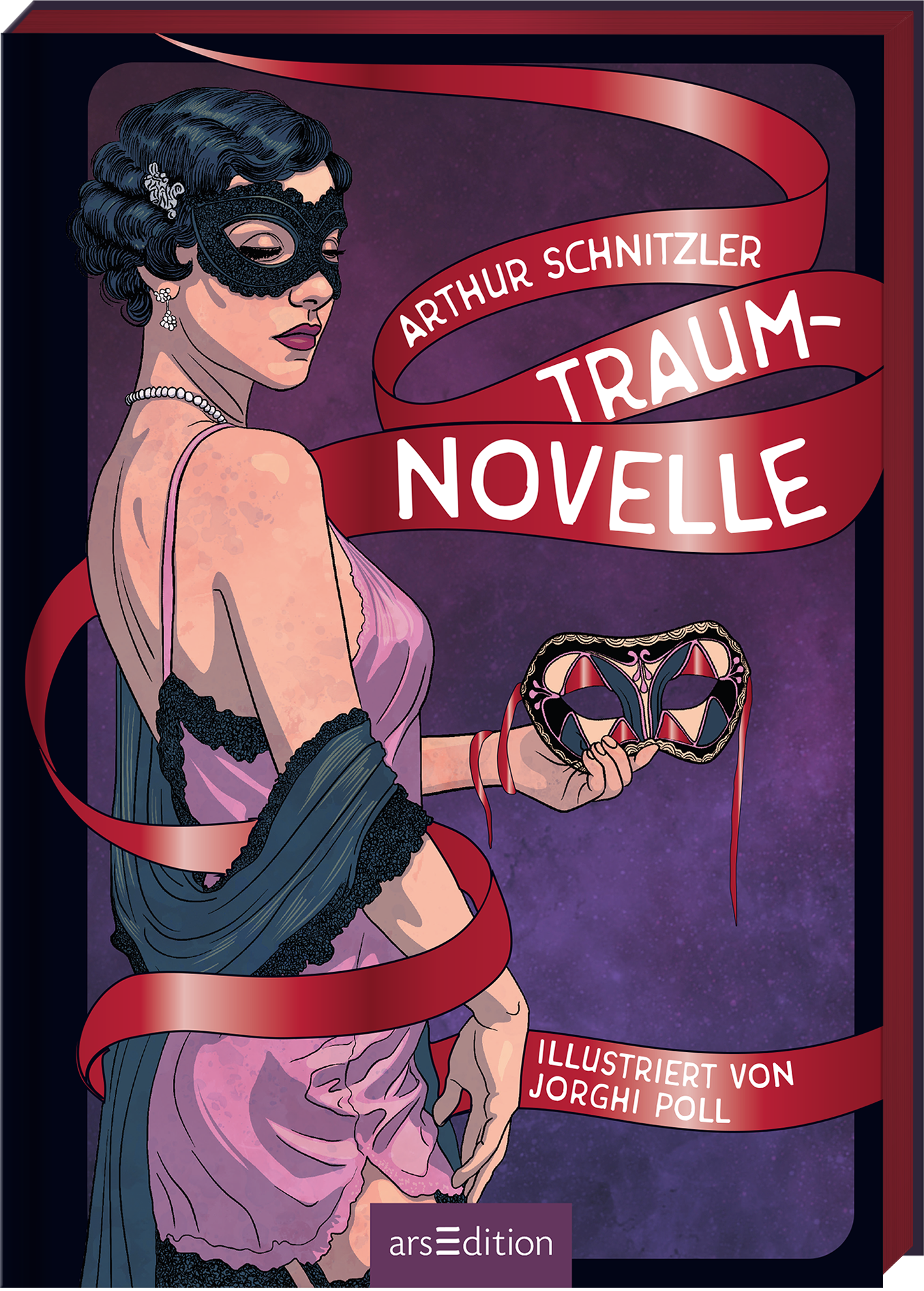 Das Buchcover zeigt eine elegante Frau mit einer schwarzen Maske, die einen verführerischen Blick wirft. Sie trägt ein zartes, pinkes Kleid, das durch einen blauen Schal akzentuiert wird. Im Hintergrund ist ein lilafarbener Verlauf sichtbar. Der Titel „TRAUM-NOVELLE“ ist in auffälligem Weiß und Rot platziert und umgeben von einem roten Band. Der Name des Autors, Arthur Schnitzler, befindet sich oben in weißer Schrift. Ganz unten mittig steht der Logoschriftzug von arsEdition. Daneben...