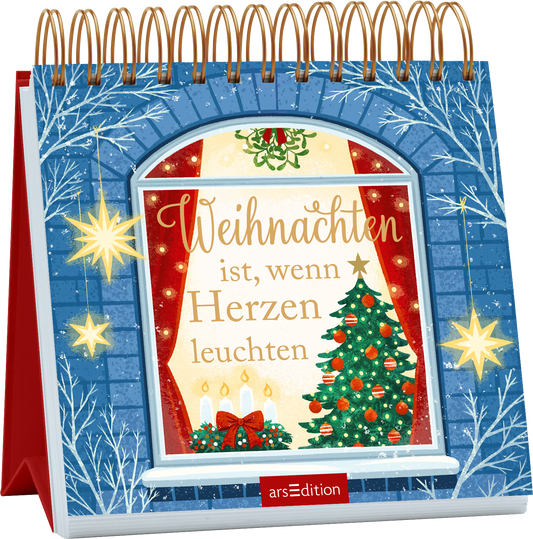 Das Cover zeigt ein Fenster, in dem ein geschmückter Weihnachtsbaum mit bunten Kugeln und einer Sternenbaumspitze steht. Der Hintergrund ist in kühlen Blautönen gestaltet, mit weißen Zweigen und funkelnden Sternen. Der Titel „Weihnachten ist, wenn Herzen leuchten“ ist in warmen, eleganten Schriftzügen platziert. Ganz unten mittig steht der Logoschriftzug von arsEdition.