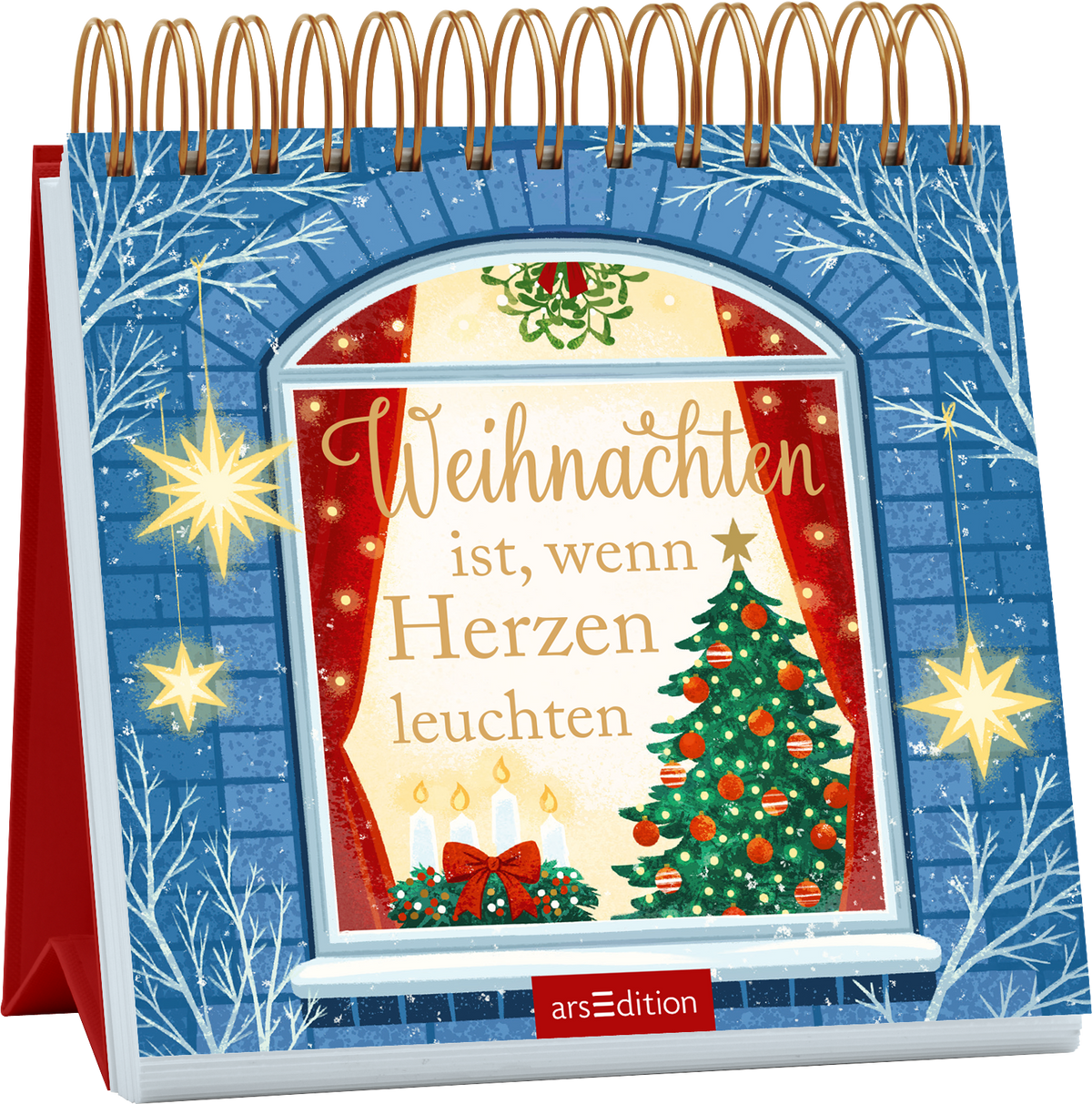 Das Cover zeigt ein Fenster, in dem ein geschmückter Weihnachtsbaum mit bunten Kugeln und einer Sternenbaumspitze steht. Der Hintergrund ist in kühlen Blautönen gestaltet, mit weißen Zweigen und funkelnden Sternen. Der Titel „Weihnachten ist, wenn Herzen leuchten“ ist in warmen, eleganten Schriftzügen platziert. Ganz unten mittig steht der Logoschriftzug von arsEdition.