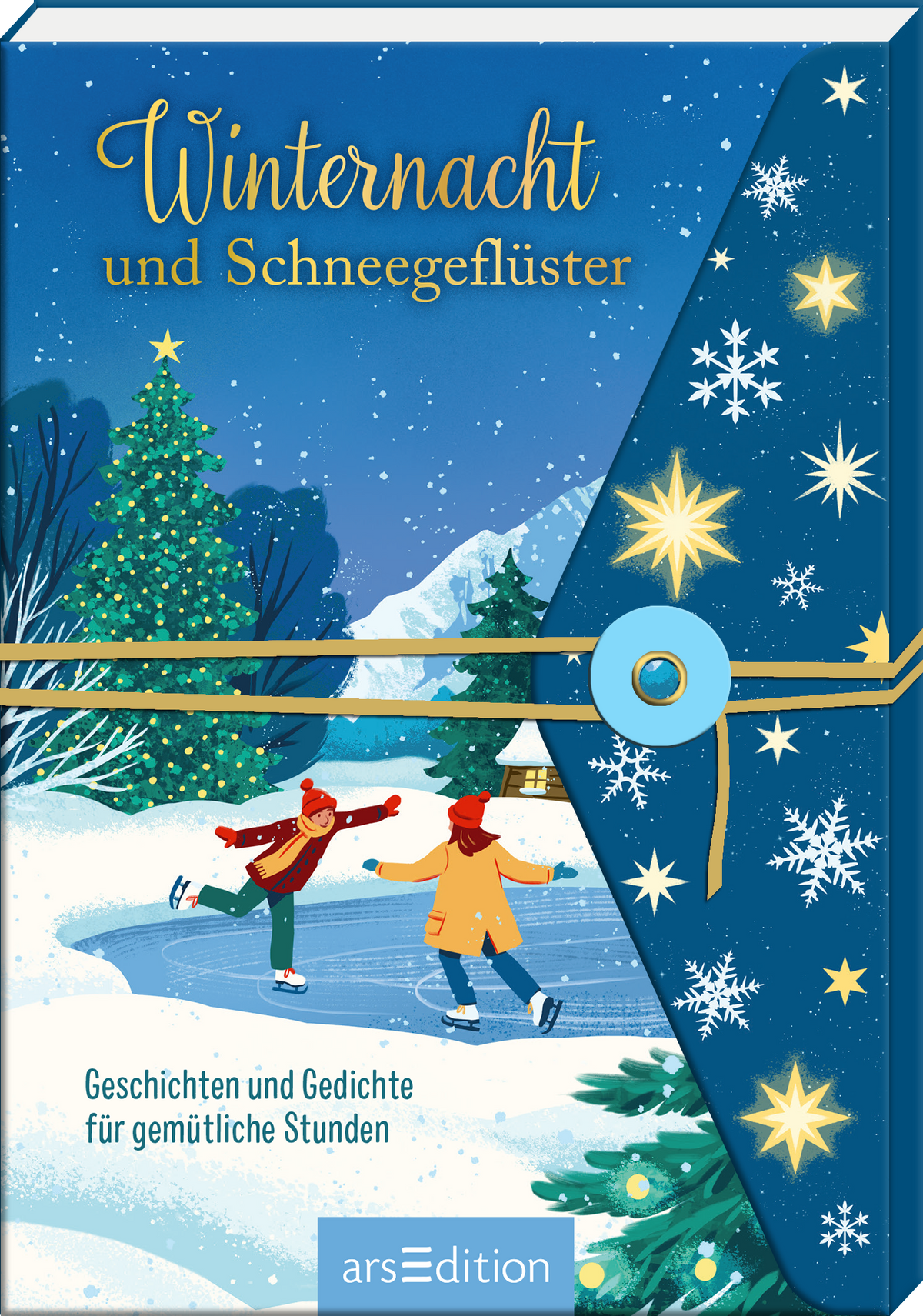 Das Buchcover zeigt eine winterliche Szene mit schneebedecktem Boden und einem großen, grünen Baum. Zwei Kinder, eines in roter und das andere in gelber Kleidung, skaten fröhlich auf dem Eis. Der Titel „Winternacht und Schneegeflüster“ erscheint in goldener, verspielter Schrift oben. Darunter steht der Untertitel „Geschichten und Gedichte für gemütliche Stunden“. Der Hintergrund ist in sanften Blau- und Weißtönen gehalten, während verschiedene Schneeflocken und ein Band das...