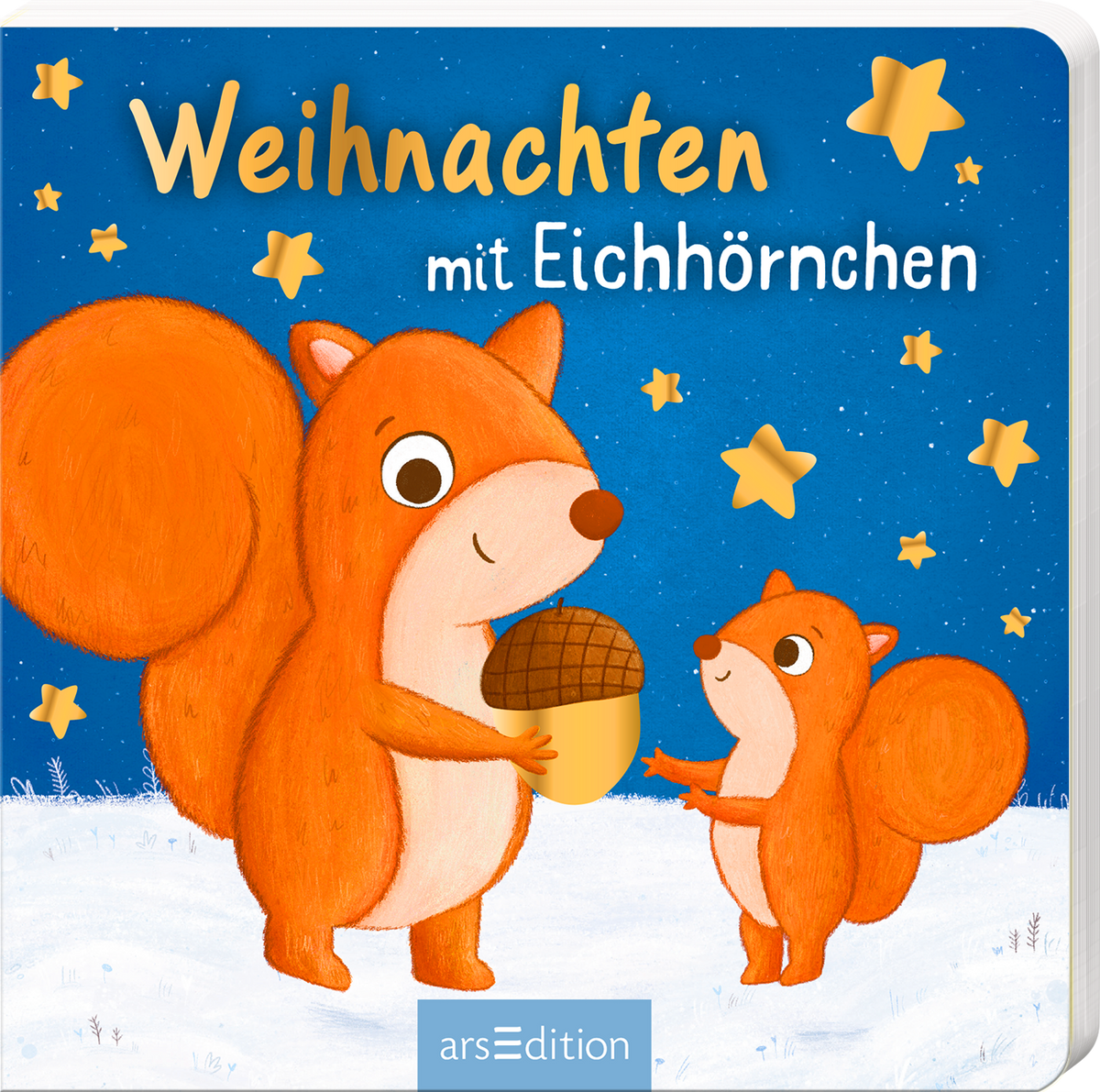 Das Buchcover zeigt zwei freundlich wirkende, orangefarbene Eichhörnchen vor einem tiefblauen Nachthimmel, in dem goldene Sterne funkeln. Das große Eichhörnchen hält eine Eichel in den Händen, während das kleinere aufmerksam daneben steht. Der Titel „Weihnachten mit Eichhörnchen“ ist in großen, geschwungenen Buchstaben in Weiß und Gold oben mittig platziert. Ganz unten mittig steht der Logoschriftzug von arsEdition.