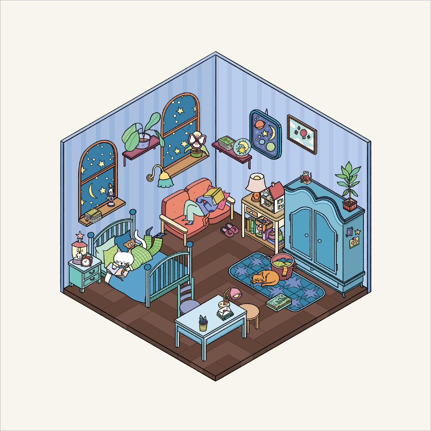 Gezeigt wird eine Innen- oder Zusatzansicht von „Mein 3D-Stickerhaus – Cozy Zuhause“.