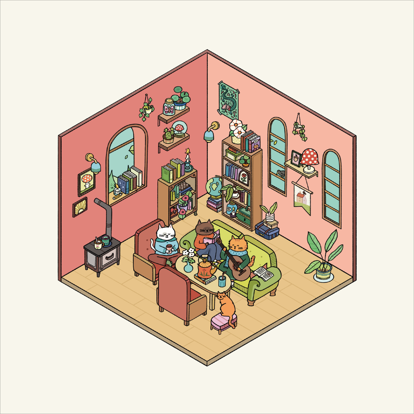 Gezeigt wird eine Innen- oder Zusatzansicht von „Mein 3D-Stickerhaus – Cozy Zuhause“.