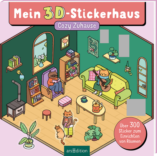 Pastellrosa Rahmen, oben großer rosa Banner mit Titel „Mein 3D-Stickerhaus“ in fetter, abgerundeter Weißschrift, das „3D“ gelbgrün akzentuiert. Darunter violetter Pillen-Button mit „Zuhause“. Innenansicht eines grünen Wohnzimmers mit Holzfußboden, Sofa, Sessel, Pflanzen und mehreren Katzen in warmem, verspieltem Stil. Rechts unten ein rosafarbener Kreis mit dem Text „Über 300 Sticker zum Einrichten von Räumen“. Ganz unten mittig steht der Logoschriftzug von arsEdition.