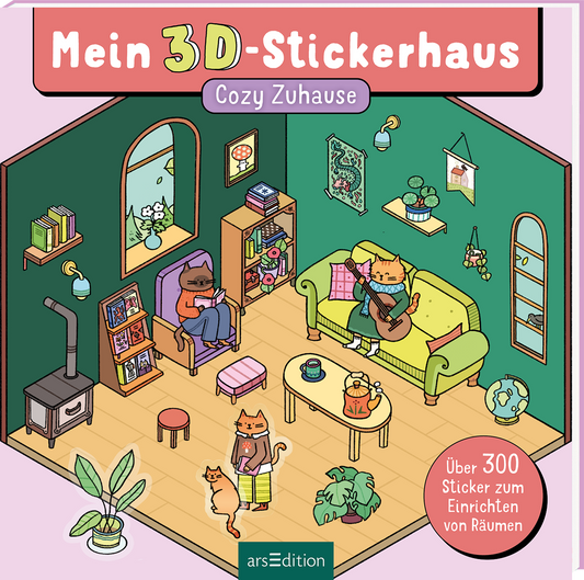 Mein 3D-Stickerhaus, Untertitel „Cozy Zuhause“, zeigt ein isometrisches Wohnzimmer mit grünen Wänden, hellem Holzfußboden und rosa Rahmen. Szenen: zwei Katzen auf Sofa und Sessel, Gitarre, Bücherregal, Holzofen, Pflanzen, Fenster und Globus. Typografie: großer weißer Titel auf rosa Banner, „3D“ gelbgrün, kleiner violetter Subtitel-Button. Rechts unten rosa Kreis mit dem Text „Über 300 Sticker zum Einrichten von Räumen“. Ganz unten mittig steht der Logoschriftzug von...