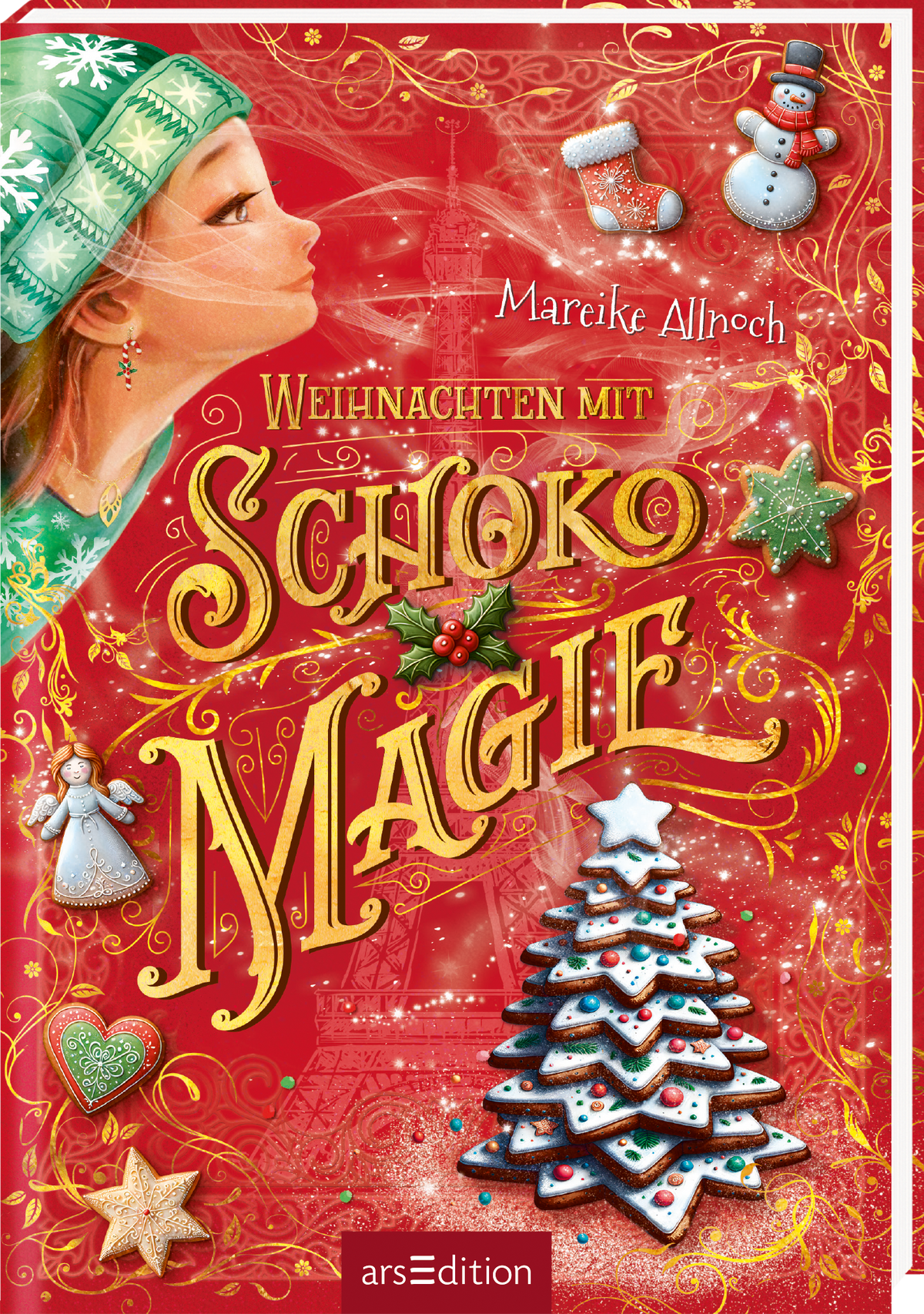 Das Cover ist rot mit goldenen Verzierungen. Der Titel ist mittig platziert und mit verschnörkelter, goldener Schrift gestaltet. Darüber steht der Name der Autorin Mareike Allnoch. Links ist ein Mädchen mit grüner Wintermütze und Pulli im Profil abgebildet, rechts unten steht ein gestapelter Lebkuchen-Weihnachtsbaum mit Zuckerguss. Darum herum sind verschiedene weihnachtliche Symbole verteilt wie z. B. ein Schneemann, ein Engel oder ein Stechpalmenzweig mit roten Beeren. Ganz unten mittig...