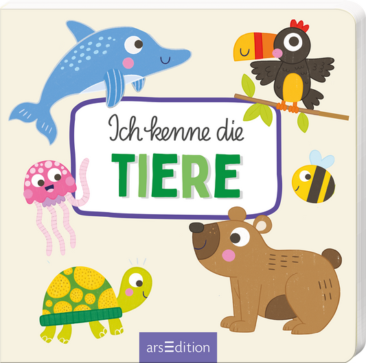 Das Buchcover zeigt eine bunte und fröhliche Illustration von verschiedenen Tieren, darunter ein Delfin, ein Bär, eine Schildkröte, ein Oktopus und ein Vogel. Die Tiere sind in kräftigen Farben gehalten, und der Hintergrund ist hell und freundlich. In der Mitte des Covers steht der Titel „Ich kenne die Tiere“ in ansprechenden, großen Buchstaben, wobei „Tiere“ in einer lebendigen grünen Schrift hervorgehoben ist. Ganz unten mittig steht der Logoschriftzug von arsEdition.