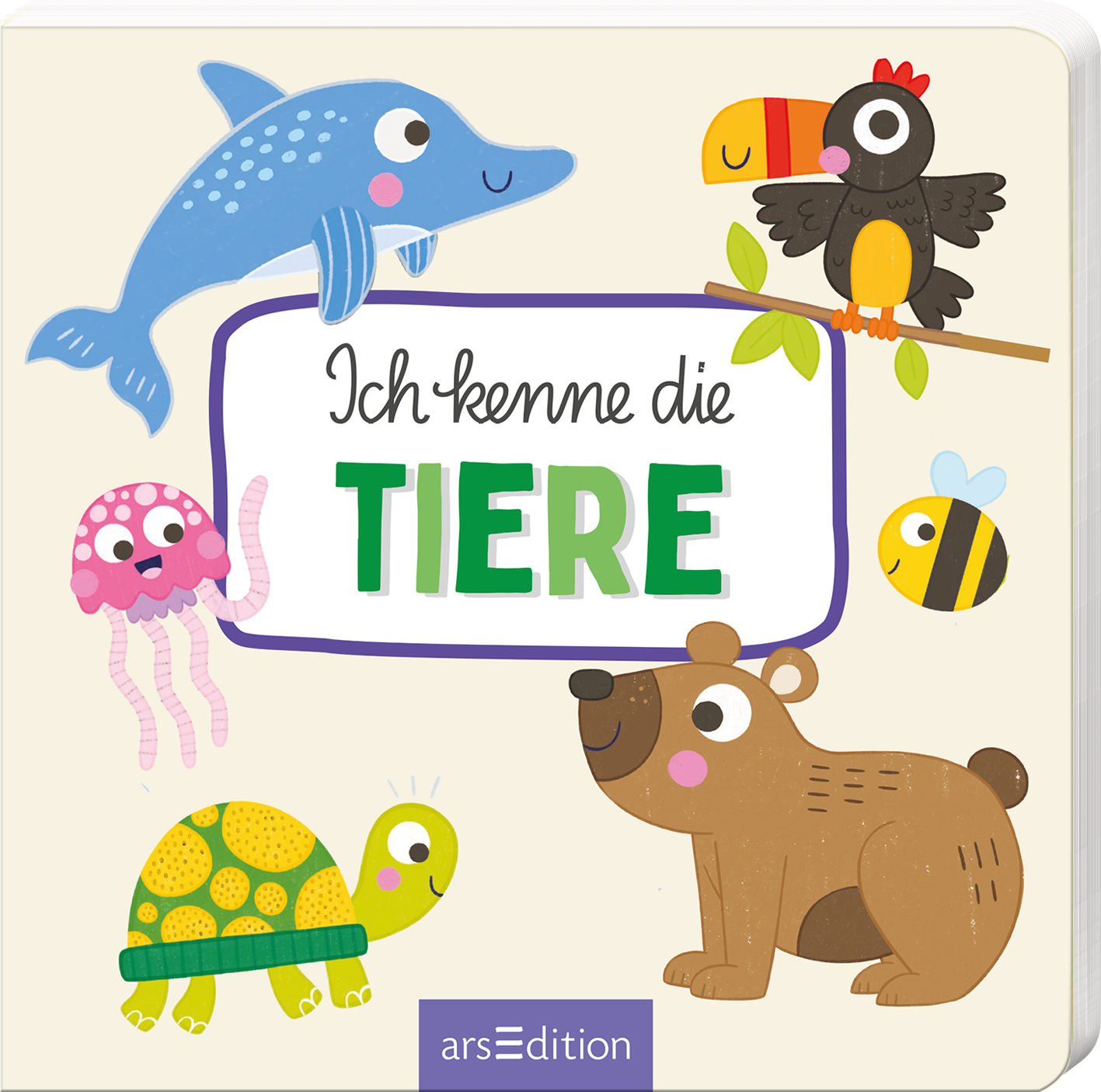Das Buchcover zeigt eine bunte und fröhliche Illustration von verschiedenen Tieren, darunter ein Delfin, ein Bär, eine Schildkröte, ein Oktopus und ein Vogel. Die Tiere sind in kräftigen Farben gehalten, und der Hintergrund ist hell und freundlich. In der Mitte des Covers steht der Titel „Ich kenne die Tiere“ in ansprechenden, großen Buchstaben, wobei „Tiere“ in einer lebendigen grünen Schrift hervorgehoben ist. Ganz unten mittig steht der Logoschriftzug von arsEdition.