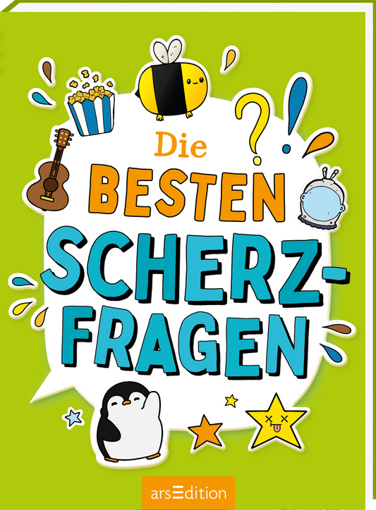 Auf einem leuchtend grünen Hintergrund befindet sich ein großer, weißer Rahmen, in dem der Titel „Die BESTEN SCHERZFRAGEN“ in bunten, abwechslungsreich gestalteten Buchstaben hervorsticht. Das Wort „BESTEN“ ist dominant in orange gehalten. Um den Titel herum sind verspielte, cartoonhafte Illustrationen von Tieren, einer Gitarre und verschiedenen Objekten angeordnet. Oben rechts ist ein Fragezeichen zu sehen, das die Neugierde weckt. Ganz unten mittig steht der Logoschriftzug von...