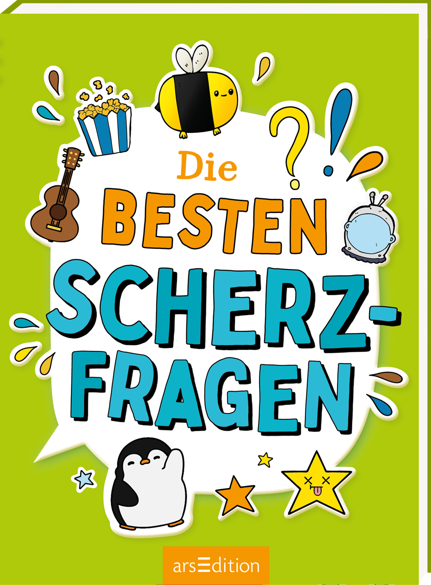 Auf einem leuchtend grünen Hintergrund befindet sich ein großer, weißer Rahmen, in dem der Titel „Die BESTEN SCHERZFRAGEN“ in bunten, abwechslungsreich gestalteten Buchstaben hervorsticht. Das Wort „BESTEN“ ist dominant in orange gehalten. Um den Titel herum sind verspielte, cartoonhafte Illustrationen von Tieren, einer Gitarre und verschiedenen Objekten angeordnet. Oben rechts ist ein Fragezeichen zu sehen, das die Neugierde weckt. Ganz unten mittig steht der Logoschriftzug von...