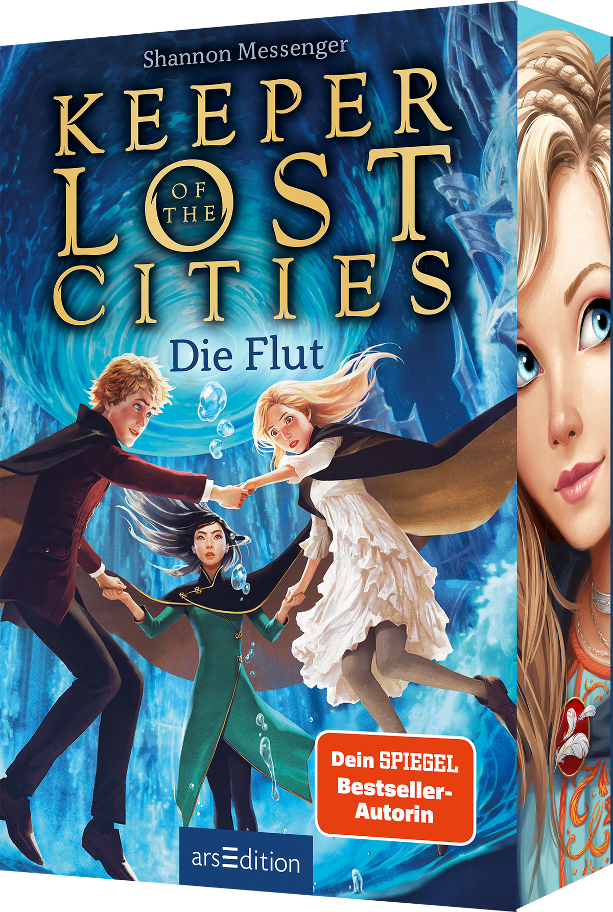Das Buchcover zeigt drei jugendliche Protagonisten vor einem mystischen, spiralförmigen Wasserwirbel. Die Farbpalette umfasst kräftige Blautöne, die die magische Atmosphäre unterstreichen. Der Titel „KEEPER OF THE LOST CITIES“ erscheint in großen Buchstaben, mit „Die Flut“ darunter in kleinerer Schrift. Shannon Messenger ist als Autorin angegeben. Ein roter Button mit der Schrift "Dein-Spiegel Bestseller Autorin" ist unten rechts. Ganz unten mittig steht der...
