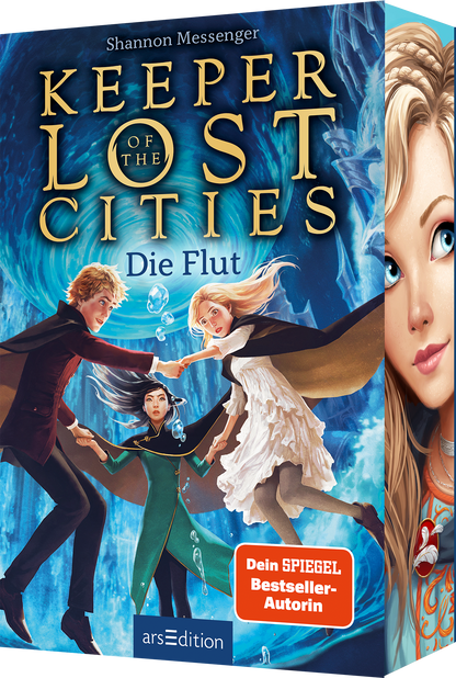 Das Buchcover zeigt drei jugendliche Protagonisten vor einem mystischen, spiralförmigen Wasserwirbel. Die Farbpalette umfasst kräftige Blautöne, die die magische Atmosphäre unterstreichen. Der Titel „KEEPER OF THE LOST CITIES“ erscheint in großen Buchstaben, mit „Die Flut“ darunter in kleinerer Schrift. Shannon Messenger ist als Autorin angegeben. Ein roter Button mit der Schrift "Dein-Spiegel Bestseller Autorin" ist unten rechts. Ganz unten mittig steht der...