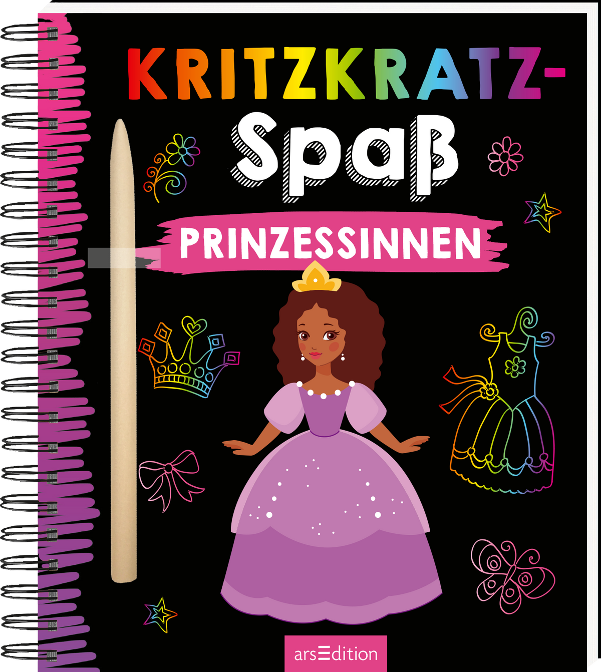 Das Buchcover zeigt einen schwarzen Hintergrund, auf dem in bunten Buchstaben der Titel „Kritzkratzt-Spaß“ prangt. Darunter steht in leuchtendem Pink das Wort „PRINZESSINNEN“. Im Mittelpunkt befindet sich eine süße, braunhäutige Prinzessin in einem lila Kleid mit einer Krone auf dem Kopf. Um sie herum sind farbenfrohe Illustrationen von Kronen, Kleidern und anderen verspielten Motiven. Ganz unten mittig steht der Logoschriftzug von arsEdition.
