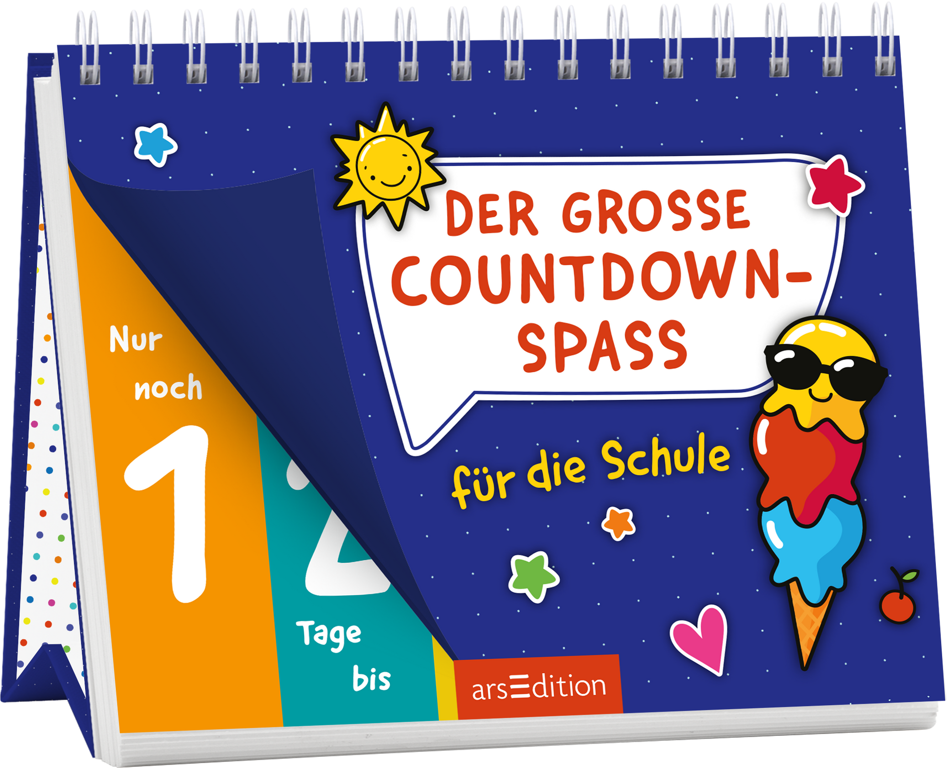 Cover eines aufstellbaren Kalenders vor dunkelblauem sternbesetztem Hintergrund. In einer weißen Sprechblase steht der Titel „DER GROSSE COUNTDOWN-SPASS“ in roter, fetter, abgerundeter Versalschrift, darunter die handschriftliche gelbe Unterzeile „für die Schule“. Links aufgeklappt orange und türkisfarbene Countdown-Panels mit großer weißer Zahl und Text „Nur noch“ sowie „Tage bis“. Rechts eine lächelnde Sonne und eine Eiswaffel mit Sonnenbrille, bunte Kugeln, kleine...