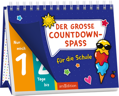 Cover eines aufstellbaren Kalenders vor dunkelblauem sternbesetztem Hintergrund. In einer weißen Sprechblase steht der Titel „DER GROSSE COUNTDOWN-SPASS“ in roter, fetter, abgerundeter Versalschrift, darunter die handschriftliche gelbe Unterzeile „für die Schule“. Links aufgeklappt orange und türkisfarbene Countdown-Panels mit großer weißer Zahl und Text „Nur noch“ sowie „Tage bis“. Rechts eine lächelnde Sonne und eine Eiswaffel mit Sonnenbrille, bunte Kugeln, kleine...