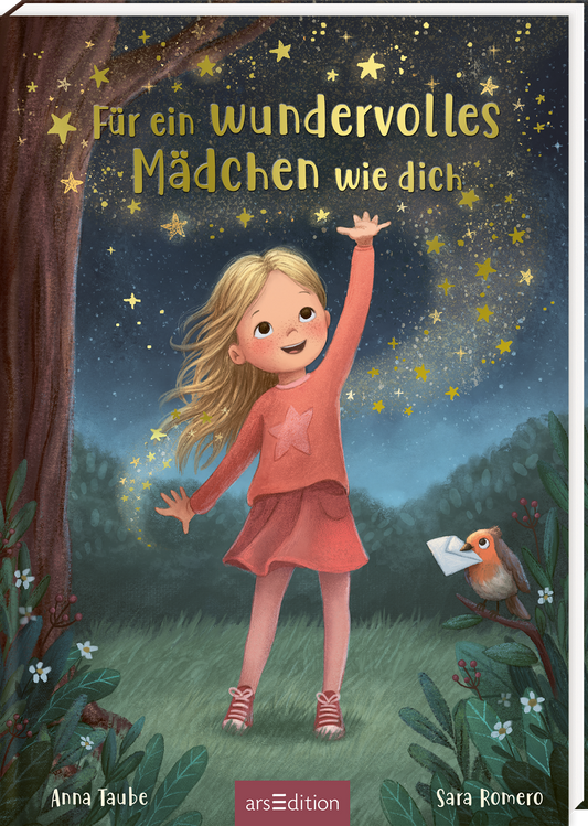 Auf dem Cover steht oben in einer goldenen Schrift „Für ein wundervolles Mädchen wie dich“ vor einem sternenfunkelnden Nachthimmel. Im Zentrum ist ein junges Mädchen mit blonden Haaren in rosafarbenem Rock und Oberteil mit Sternmotiv, das mit einem Arm nach oben Richtung Himmel greift. Links steht ein Baum, rechts befindet sich ein Rotkehlchen mit einem Brief im Schnabel. Im Vordergrund sind eine grüne Wiese und Blumen. Am unteren Rand stehen links und rechts die Namen der Urheberinnern...