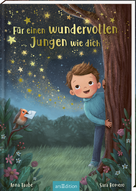 Auf dem Cover steht oben in einer goldenen Schrift „Für einen wundervollen Jungen wie dich“ vor einem sternenfunkelnden Nachthimmel. Auf der rechten Seite schaut ein fröhlicher Junge hinter einem Baumstamm hervor, während links ein Vogel mit Brief im Schnabel auf einem Ast sitzt. Im Vordergrund sind eine grüne Wiese und Blumen. Am unteren Rand stehen links und rechts die Namen der Urheberinnern „Anna Taube“ und „Sara Romero“. Ganz unten mittig steht der Logoschriftzug von...