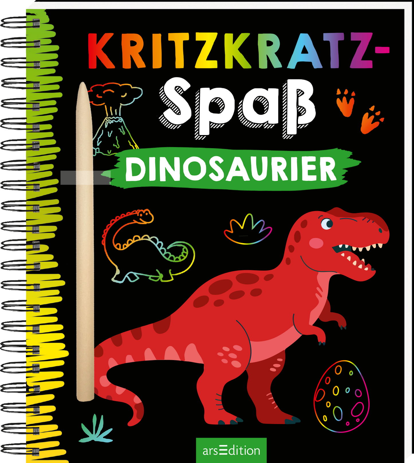 Das Buchcover zeigt einen schwarzen Hintergrund mit bunten Illustrationen von Dinosauriern. Im Vordergrund steht ein leuchtend roter T-Rex, umgeben von weiteren Dinos, Fußabdrücken und einem Vulkan. Der Titel „KRITZKRATZ-SPAß“ ist in bunten Buchstaben über dem Schriftzug „DINOSAURIER“ platziert, der auf einem grünen Banner hervorsticht. Ganz oben links sind comicartige Zeichnungen und ein Holzstift zu sehen. Ganz unten mittig steht der Logoschriftzug von arsEdition.