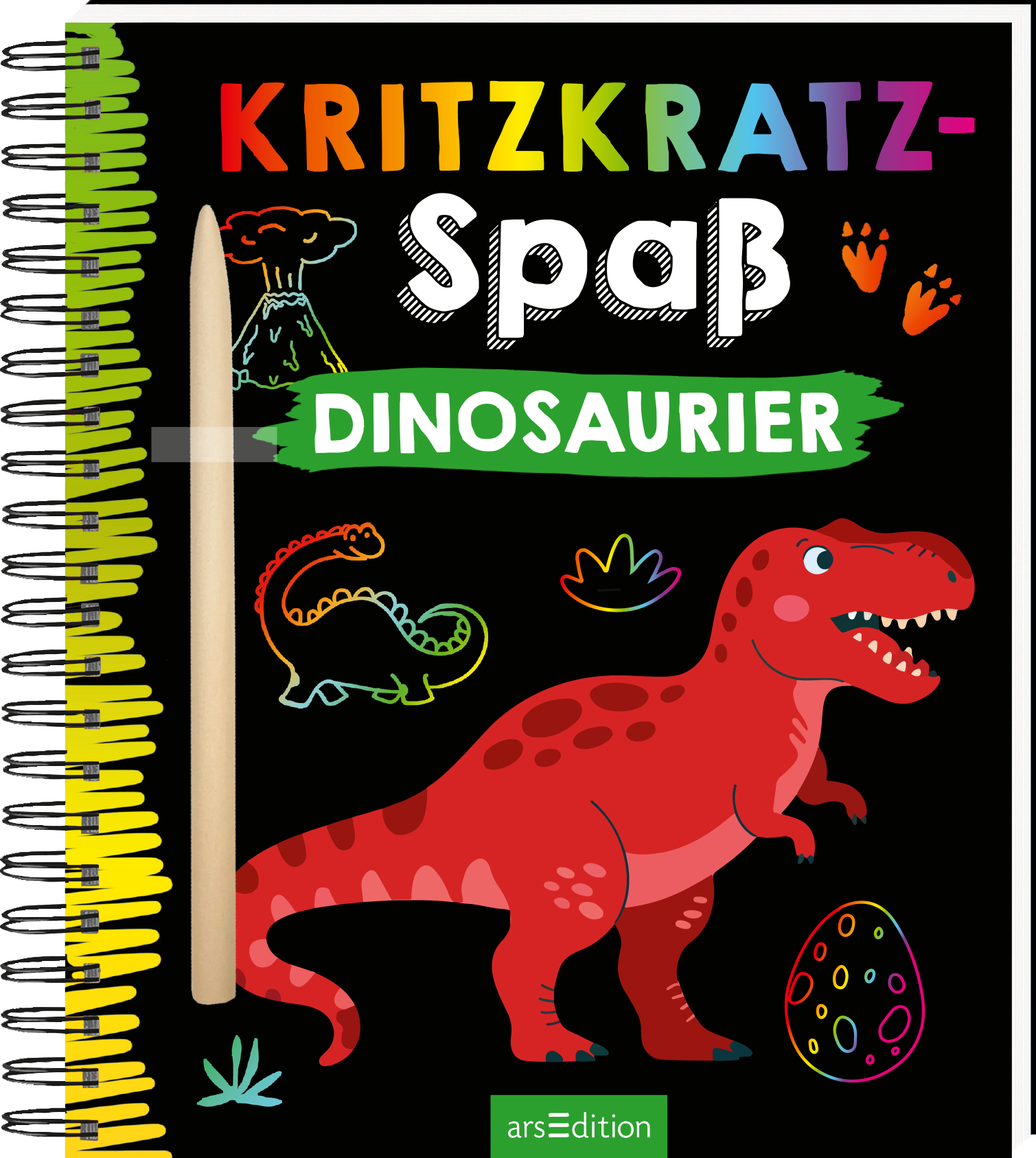 Das Buchcover zeigt einen schwarzen Hintergrund mit bunten Illustrationen von Dinosauriern. Im Vordergrund steht ein leuchtend roter T-Rex, umgeben von weiteren Dinos, Fußabdrücken und einem Vulkan. Der Titel „KRITZKRATZ-SPAß“ ist in bunten Buchstaben über dem Schriftzug „DINOSAURIER“ platziert, der auf einem grünen Banner hervorsticht. Ganz oben links sind comicartige Zeichnungen und ein Holzstift zu sehen. Ganz unten mittig steht der Logoschriftzug von arsEdition.
