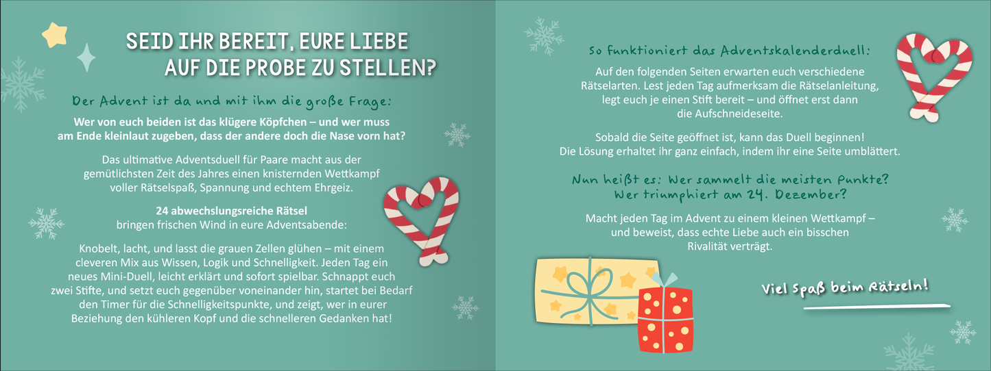 Gezeigt wird eine Innen- oder Zusatzansicht von „Das ultimative Adventsduell für Paare. 24 Spiele – 1 Gewinner“.