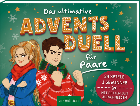 „Versammelt zentrale Elemente: dunkelgrüner Hintergrund mit Schneeflocken und goldenen Sternen, großformatiger, lebhaft verzierter Lebkuchen-Titel „ADVENTS DUELL“ mit weißen Zuckerdekor, darunter handschriftlicher Zusatz „für Paare“. Links eine junge Frau mit rotem Schal, rechts ein Mann im gestreiften Weihnachtspullover, beide herausfordernd lächelnd. Rechts unten ein roter Kreis mit weißer Aufschrift „24 Spiele 1 Gewinner Mit Seiten zum Aufschneiden“. Verspielte, festliche...