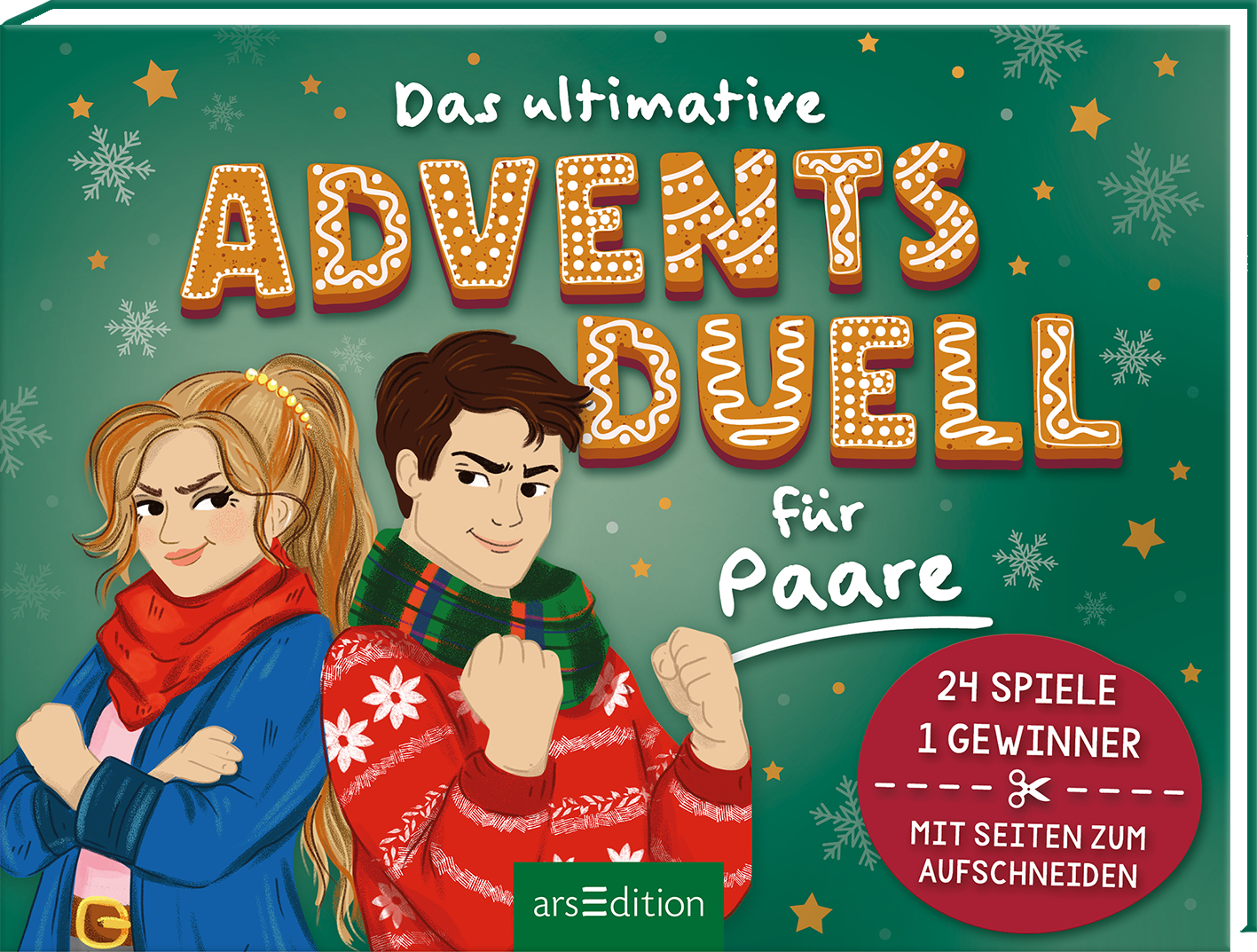 „Versammelt zentrale Elemente: dunkelgrüner Hintergrund mit Schneeflocken und goldenen Sternen, großformatiger, lebhaft verzierter Lebkuchen-Titel „ADVENTS DUELL“ mit weißen Zuckerdekor, darunter handschriftlicher Zusatz „für Paare“. Links eine junge Frau mit rotem Schal, rechts ein Mann im gestreiften Weihnachtspullover, beide herausfordernd lächelnd. Rechts unten ein roter Kreis mit weißer Aufschrift „24 Spiele 1 Gewinner Mit Seiten zum Aufschneiden“. Verspielte, festliche...