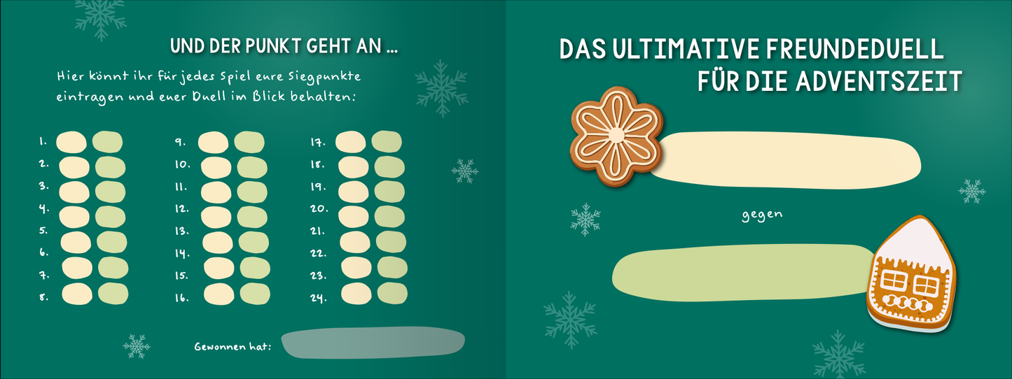 Gezeigt wird eine Innen- oder Zusatzansicht von „Das ultimative Adventsduell für beste Freunde. 24 Spiele – 1 Gewinner“.