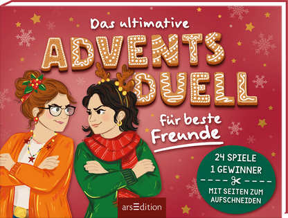 Rotes Cover mit Schneeflocken und goldenen Sternen. Großes, keksartig verziertes Wort „ADVENTS DUELL“ in kräftiger Typografie, darüber kleiner Text „Das ultimative“, darunter verspielte Handschrift „für beste Freunde“. Zwei Frauen im Vordergrund mit verschränkten Armen, links orange Pullover und Brille, rechts grüner Pullover, Rentiergeweih und roter Schal. Grüner Kreis rechts unten mit weißem Text „24 Spiele 1 Gewinner“. Ganz unten mittig steht der Logoschriftzug von...