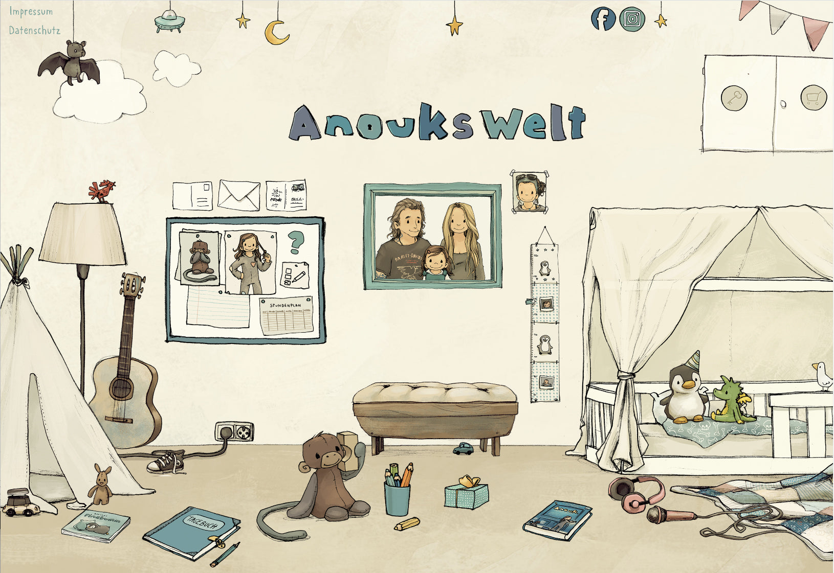 Illustration eines Kinderzimmers mit dem Schriftzug ‚Anouks Welt‘ an der Wand. In der Mitte hängt ein Familienfoto von Anouk mit ihrem Vater und ihrer Mutter. Im Raum stehen eine Gitarre, ein Tipi-Zelt, ein Hocker und Spielzeug, darunter ein Affe, ein Pinguin, ein Drache und Bücher. An der Wand befindet sich eine Pinnwand mit Zeichnungen und Notizen, sowie ein Messlatten-Diagramm mit Tiermotiven.