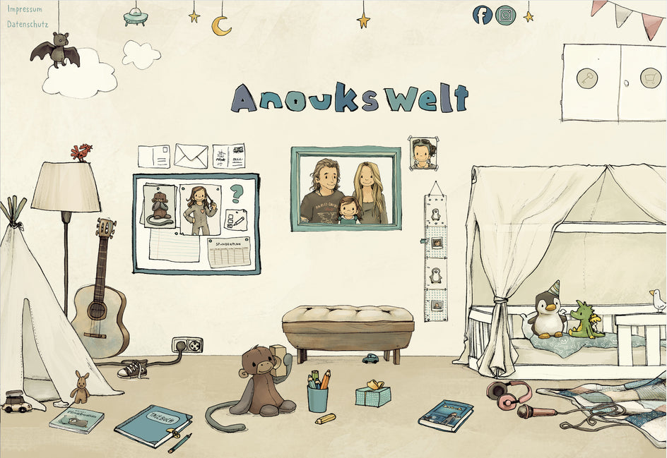 Illustration eines Kinderzimmers mit dem Schriftzug ‚Anouks Welt‘ an der Wand. In der Mitte hängt ein Familienfoto von Anouk mit ihrem Vater und ihrer Mutter. Im Raum stehen eine Gitarre, ein Tipi-Zelt, ein Hocker und Spielzeug, darunter ein Affe, ein Pinguin, ein Drache und Bücher. An der Wand befindet sich eine Pinnwand mit Zeichnungen und Notizen, sowie ein Messlatten-Diagramm mit Tiermotiven.
