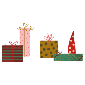 Illustration von vier Geschenkpaketen in verschiedenen Größen und Designs. Die Geschenke sind mit buntem Papier in Streifen-, Punkt- und Wellenmustern verpackt und mit Schleifen dekoriert. Eines der Pakete hat eine längliche Form, ein anderes erinnert an einen spitzen Weihnachtsbaumhut. Die Szene wirkt festlich und fröhlich.