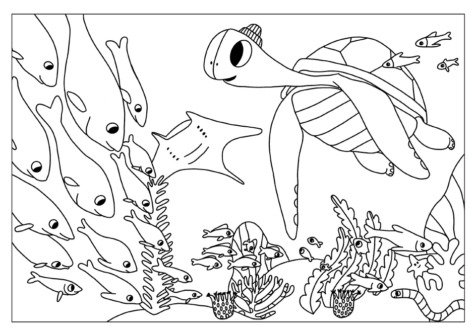 Schwarz-weiße Unterwasserzeichnung mit einer großen Meeresschildkröte, vielen Fischen und einem Rochen. Am Meeresboden sind Korallen und Pflanzen dargestellt. Die Illustration ist ohne Farbflächen gehalten und wirkt wie eine Ausmalvorlage.
