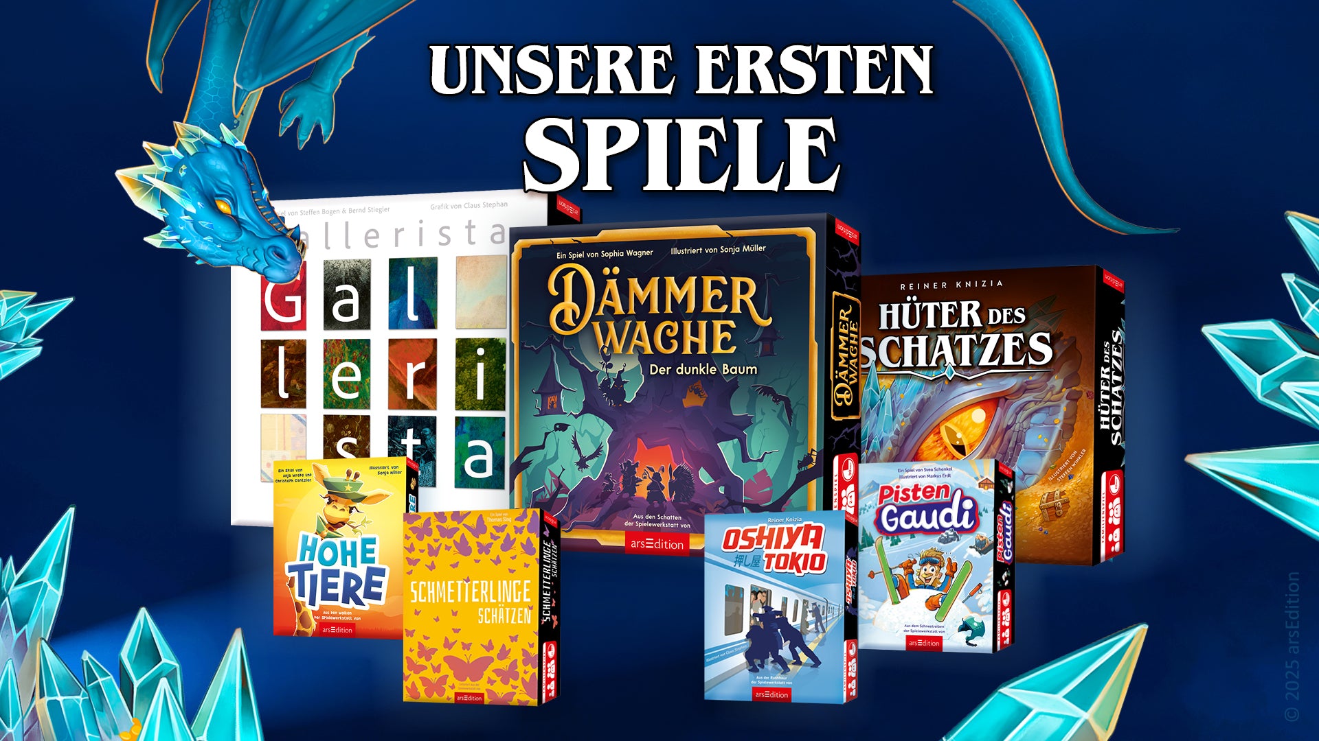 Video laden: Ein Trailer, der die ersten Familienspiele des Verlags arsEdition zeigt. Es werden animierte Cover von insgesamt sieben Gesellschaftsspielen gezeigt. Am Schluss sieht man das eingeblendete Logo &quot;arsEdition Spiele, die verbinden&quot; und alle Cover.