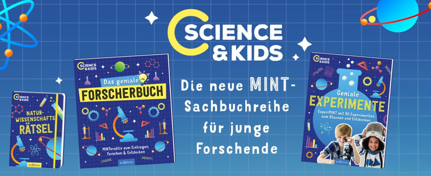 Werbung für die Buchreihe „Science & Kids“ mit einem blauen Hintergrund im Stil eines karierten Notizbuchs. Links das Buch „Naturwissenschafts-Rätsel“ mit bunten Illustrationen wie Molekülen und Laborutensilien. In der Mitte das Buch „Das geniale Forscherbuch“, ebenfalls mit wissenschaftlichen Symbolen wie einem Mikroskop, Zahnrädern und Atomen. Rechts das Buch „Geniale Experimente“, das Experimente zum Staunen und Entdecken verspricht, mit der Illustration eines Erlenmeyerkolbens und Kindern im Vordergrund