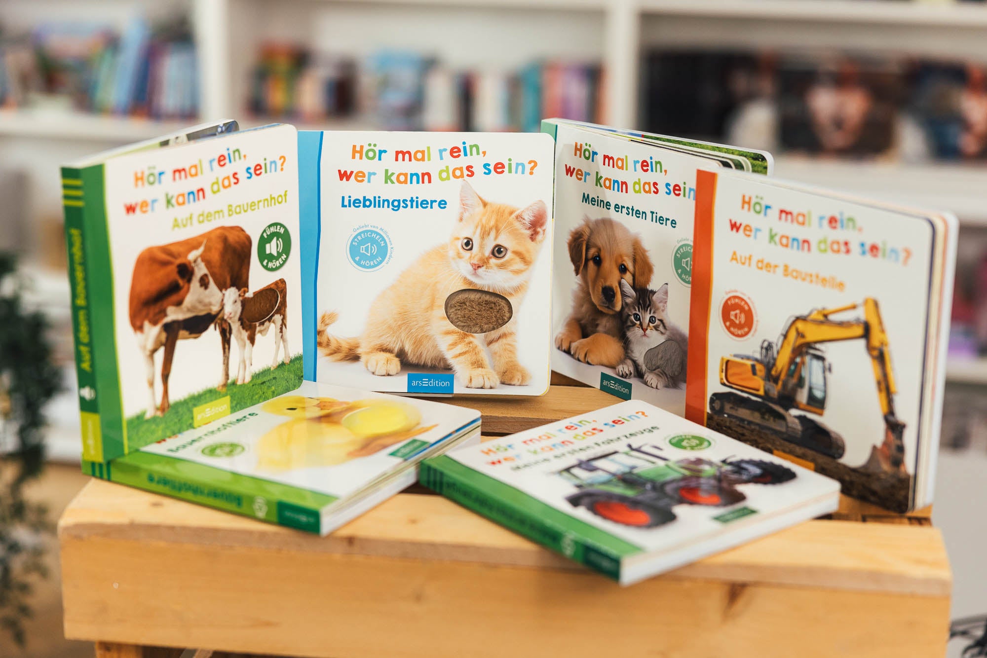 Eine Auswahl an Kinderbüchern der Reihe „Hör mal rein, wer kann das sein?“ von arsEdition, ausgestellt auf einem Holztisch. Die Bücher zeigen bunte Tier- und Fahrzeugmotive, darunter ein Kätzchen, ein Welpe mit einem Kätzchen, eine Kuh mit Kalb und ein Bagger. Jedes Buch enthält ein Fühl- oder Hör-Element. Im Hintergrund sind Bücherregale unscharf zu erkennen.