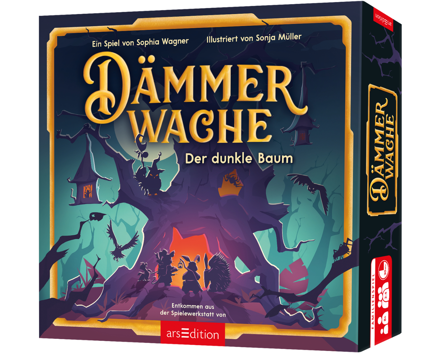Die Verpackung des Familienspiels „Dämmerwache – Der dunkle Baum“ zeigt eine düstere, geheimnisvolle Szene mit einem knorrigen, dunklen Baum im Zentrum. Umgeben von Schatten und mystischen Figuren stehen Tiere wie ein Igel, ein Kaninchen und eine Eule, die vor einem leuchtenden Eingang versammelt sind. Das Spiel wurde von Sophia Wagner entwickelt und von Sonja Müller illustriert. Es gehört zur arsEdition und verspricht ein spannendes Abenteuer in einer magischen Welt.