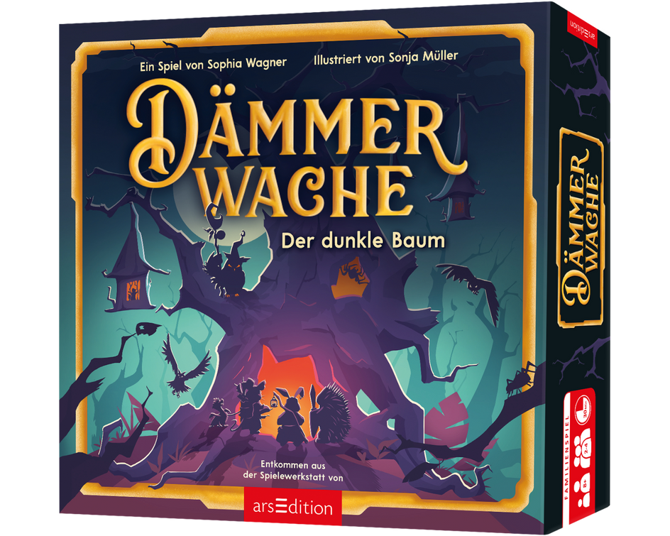 Die Verpackung des Familienspiels „Dämmerwache – Der dunkle Baum“ zeigt eine düstere, geheimnisvolle Szene mit einem knorrigen, dunklen Baum im Zentrum. Umgeben von Schatten und mystischen Figuren stehen Tiere wie ein Igel, ein Kaninchen und eine Eule, die vor einem leuchtenden Eingang versammelt sind. Das Spiel wurde von Sophia Wagner entwickelt und von Sonja Müller illustriert. Es gehört zur arsEdition und verspricht ein spannendes Abenteuer in einer magischen Welt.