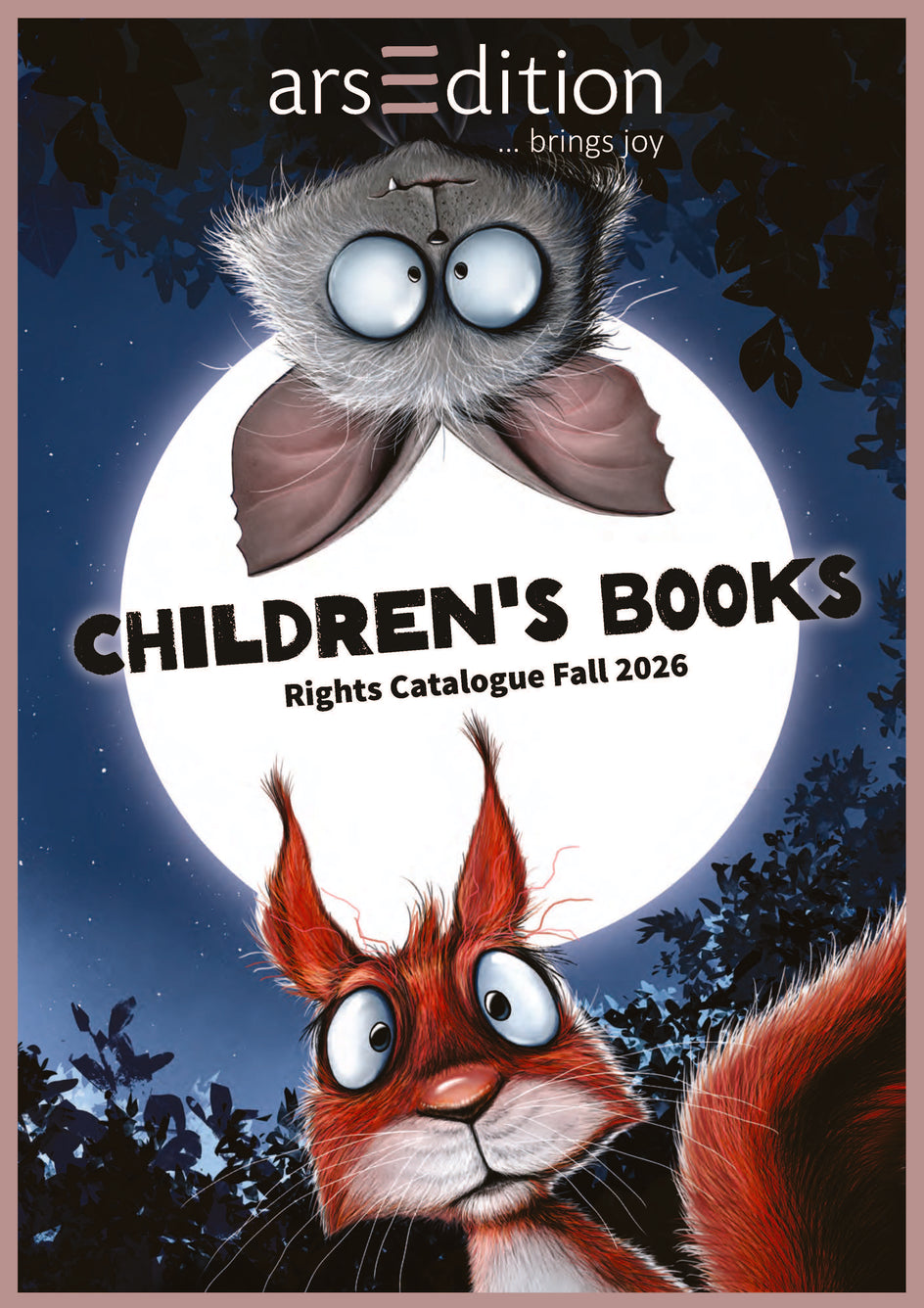 Cover des Katalogs: Children's Books Rights Catalogue Fall 2026. Oben das Logo von arsEdition. In der Mitte eine Illustration eines Eichhörnchens und einer Fledermaus.