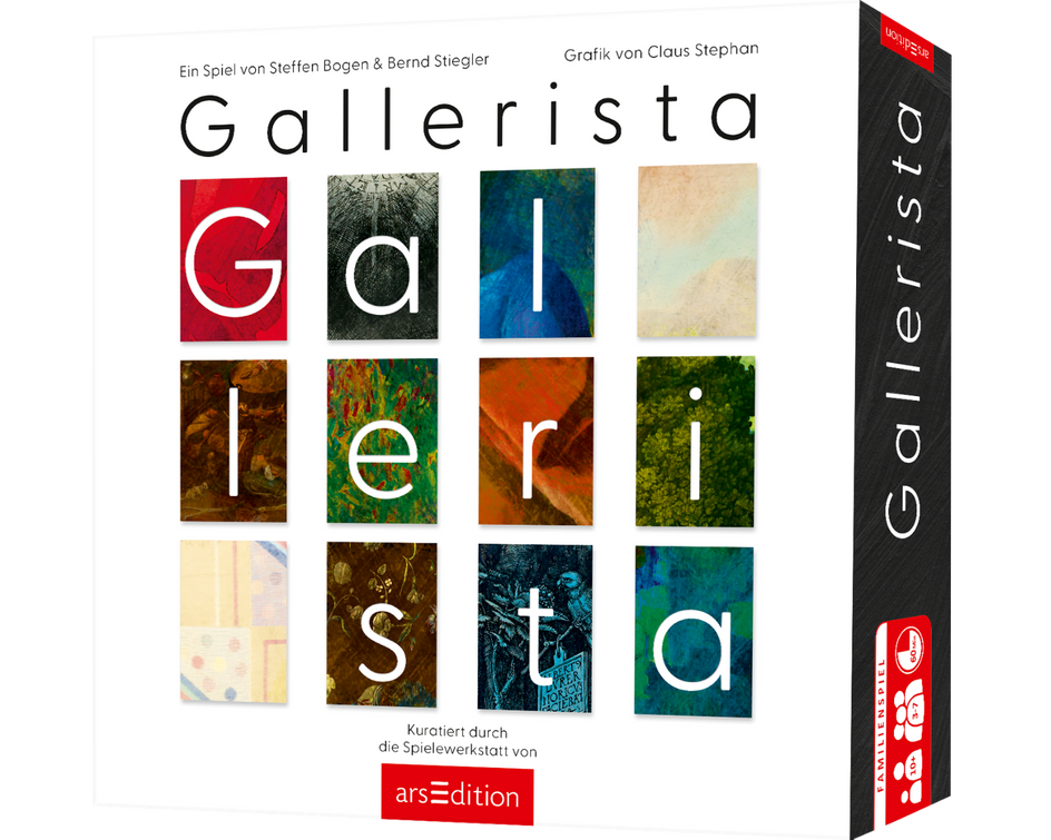 Die Verpackung des Familienspiels „Gallerista“ zeigt eine stilvolle Anordnung von Kunstwerken in verschiedenen Farben und Stilen, mit weißen Buchstaben, die den Titel „Gallerista“ bilden. Das Spiel wurde von Steffen Bogen und Bernd Stiegler entwickelt, mit Grafik von Claus Stephan. Es gehört zur arsEdition und entführt die Spieler in die Welt der Kunst, Kuratierung und Galeriearbeit.