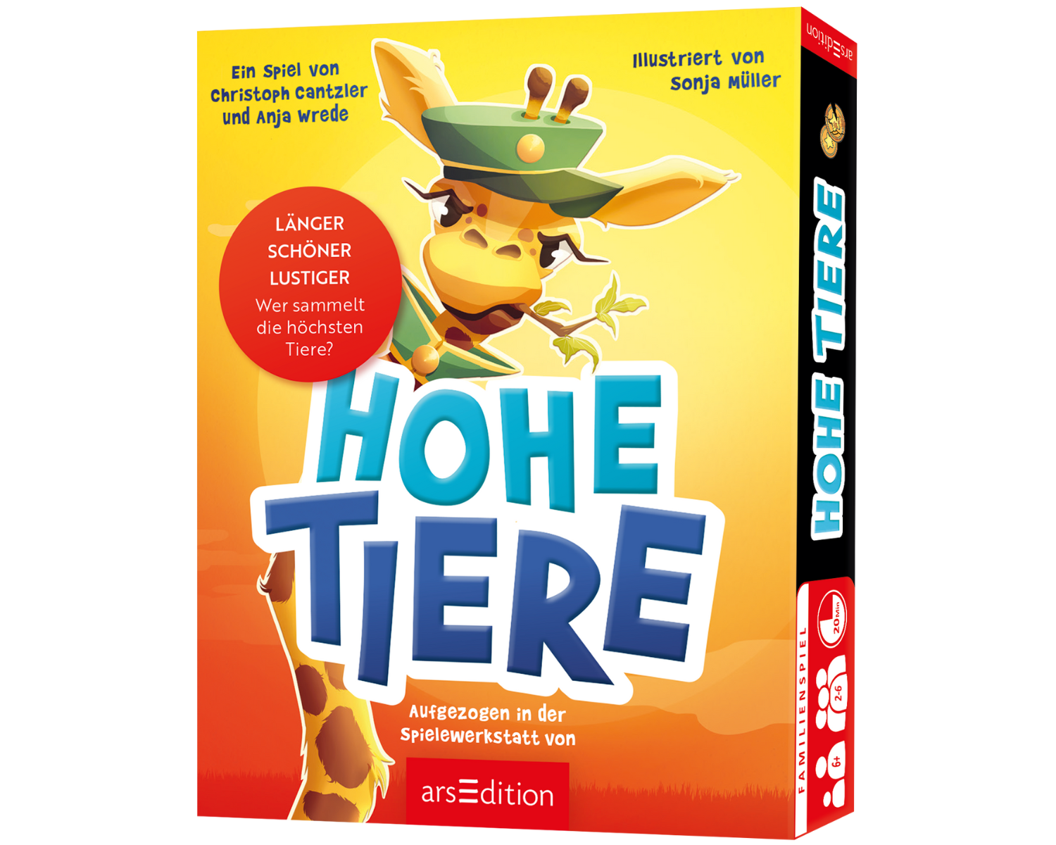 Die Verpackung des Familienspiels „Hohe Tiere“ zeigt eine fröhliche Giraffe in einer Uniform, die in einem humorvollen Stil illustriert ist. Der gelbe Hintergrund vermittelt eine warme, lebhafte Atmosphäre. Das Spiel, entwickelt von Christoph Cantzler und Anja Wrede, wurde von Sonja Müller illustriert und gehört zur arsEdition. Es dreht sich darum, die höchsten Tiere zu sammeln und verspricht Spaß für die ganze Familie.
