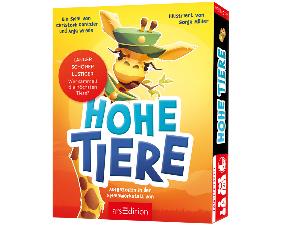 Die Verpackung des Familienspiels „Hohe Tiere“ zeigt eine fröhliche Giraffe in einer Uniform, die in einem humorvollen Stil illustriert ist. Der gelbe Hintergrund vermittelt eine warme, lebhafte Atmosphäre. Das Spiel, entwickelt von Christoph Cantzler und Anja Wrede, wurde von Sonja Müller illustriert und gehört zur arsEdition. Es dreht sich darum, die höchsten Tiere zu sammeln und verspricht Spaß für die ganze Familie.