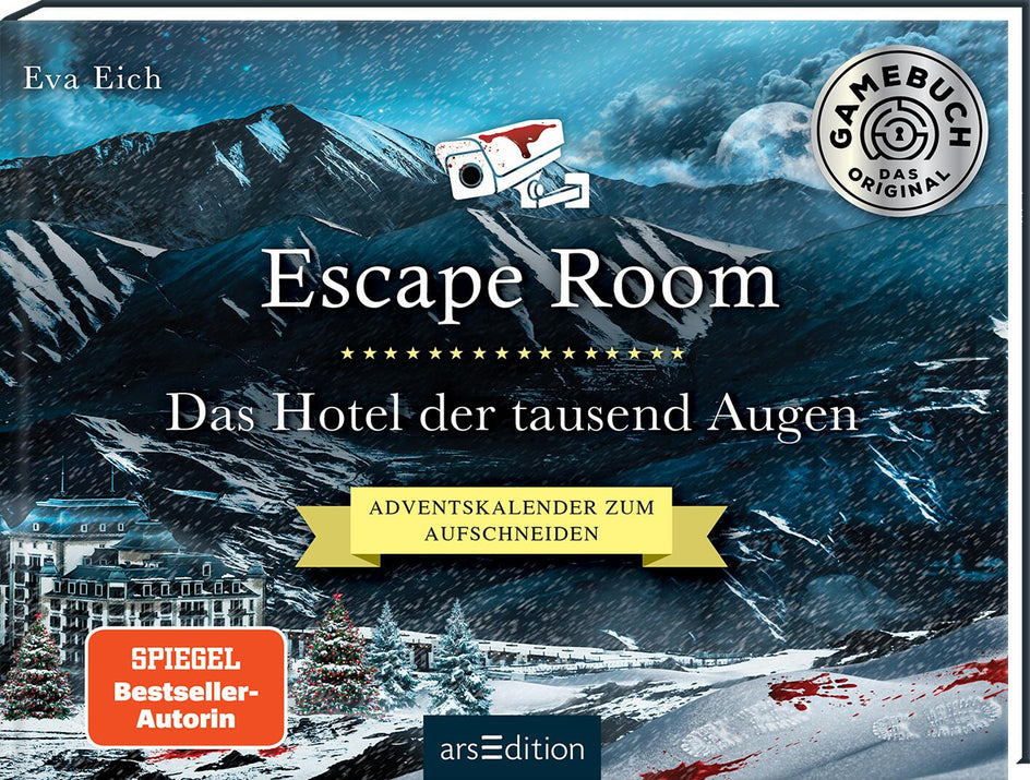 Buchcover „Escape Room – Das Hotel der tausend Augen“ von Eva Eich. Das Cover zeigt ein großes, verschneites Hotel vor einer winterlichen Gebirgskulisse bei Nacht. Im Vordergrund sind Blutspritzer im Schnee zu sehen. Oben rechts ist ein Siegel mit der Aufschrift „Gamebuch – Das Original“ abgebildet. Ein gelbes Banner trägt den Hinweis „Adventskalender zum Aufschneiden“. Unten links befindet sich das „Spiegel Bestseller-Autorin“-Logo, daneben das Verlagslogo „arsEdition“.