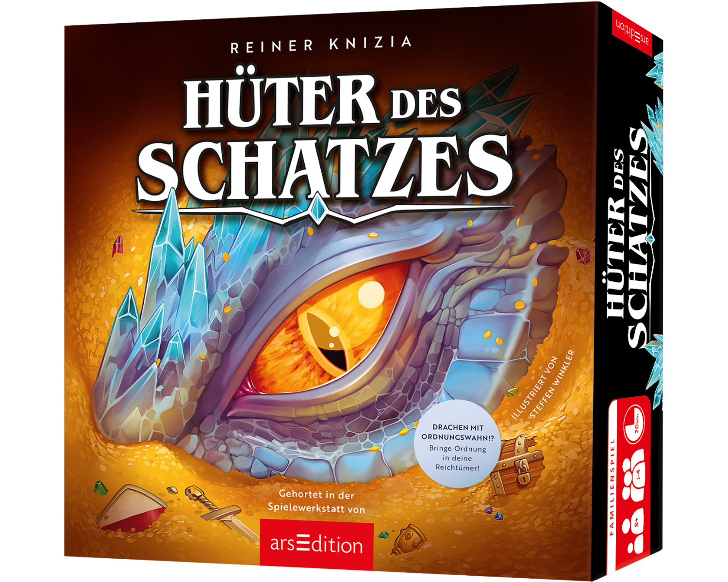 Die Verpackung des Familienspiels „Hüter des Schatzes” von Reiner Knizia zeigt ein großes, detailliertes Drachenauge, umgeben von blauen Schuppen und funkelnden Edelsteinen. Der Hintergrund besteht aus goldenem Sand mit verstreutem Schatz, wie Münzen, Kristallen und einer Schatztruhe. Das Spiel gehört zur arsEdition und verspricht ein spannendes Abenteuer mit dem Thema „Drachen mit Ordnungswahn“.