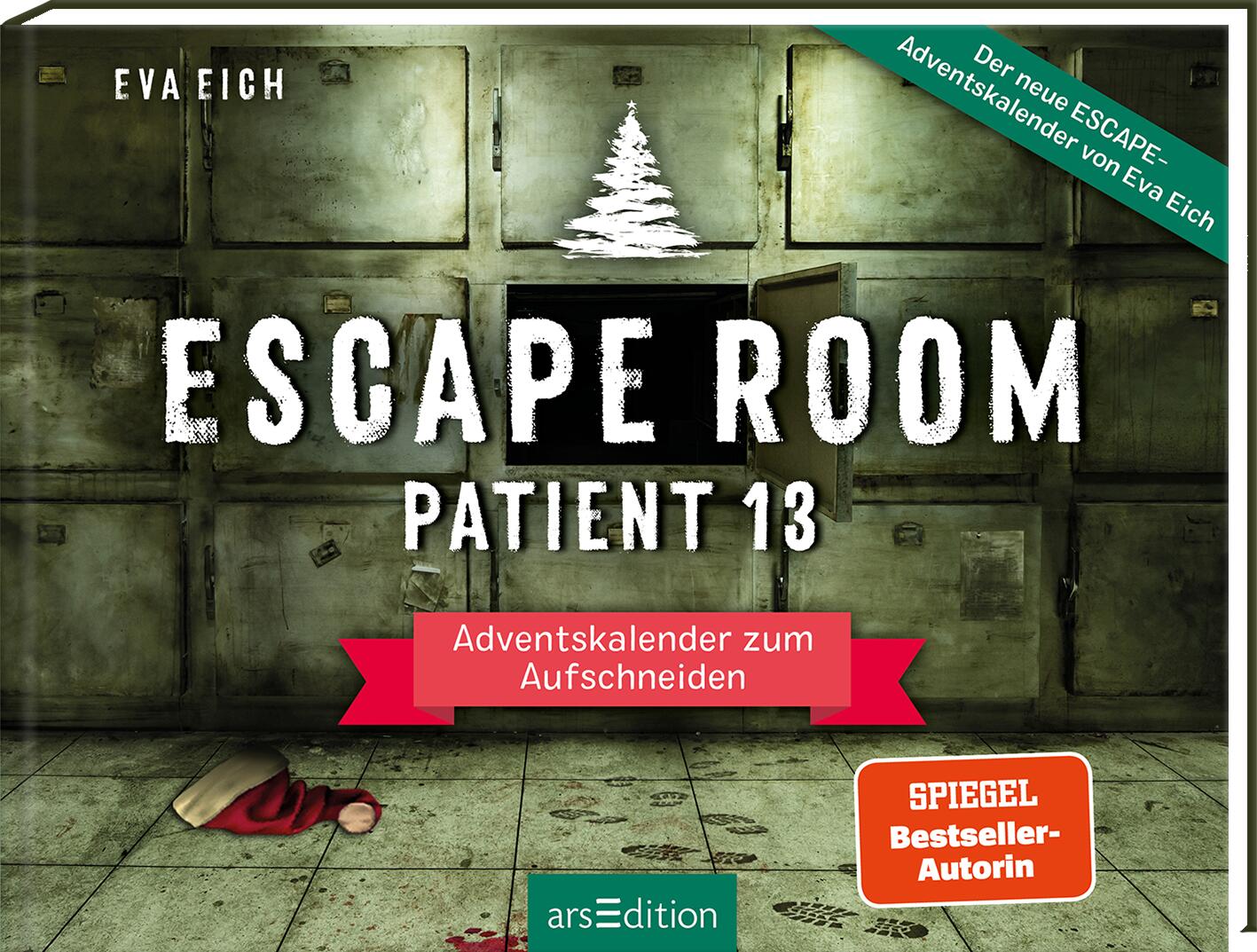 Das Buchcover des Escape-Adventskalenders 'Escape Room - Patient 13' von Eva Eich zeigt eine düstere, metallische Wand mit verschlossenen Schränken, von denen einer geöffnet ist. Auf dem Boden liegen ein blutiger Handschuh und Fußspuren. Der Schriftzug 'Adventskalender zum Aufschneiden' steht im Vordergrund. Unten sind das Verlagslogo und der Hinweis 'SPIEGEL Bestseller-Autorin' zu sehen.